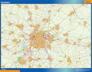 Mapa Rennes en Francia enmarcado plastificado
