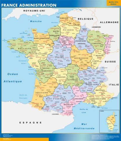 Mapa de Francia de departamentos enmarcado plastificado