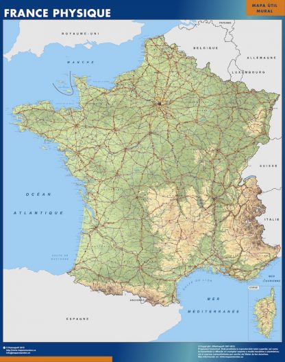 Mapa de Francia físico enmarcado plastificado